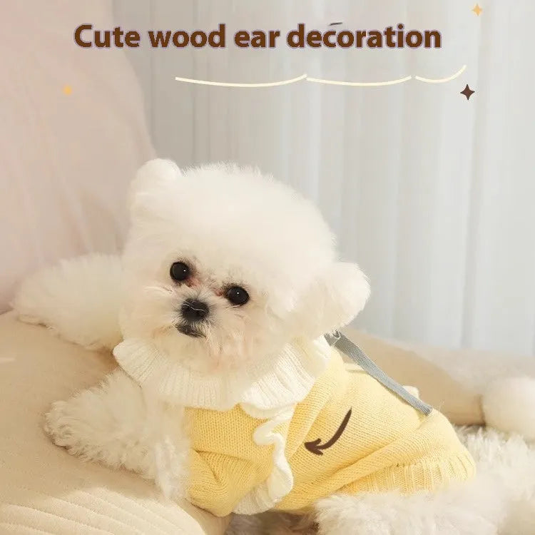 Yellow XINGX style dog sweater on small breed dog showing chest measurement and acrylic fabric