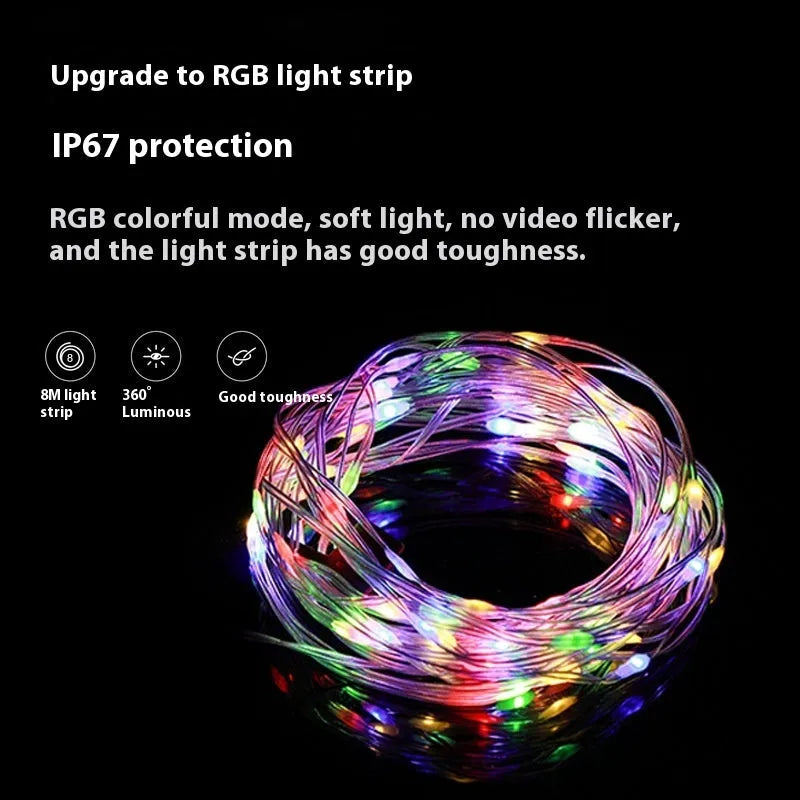 Rechargeable outdoor string lights with 30 LED beads on an 8 metre cord, shown in warm white and colourful light settings.