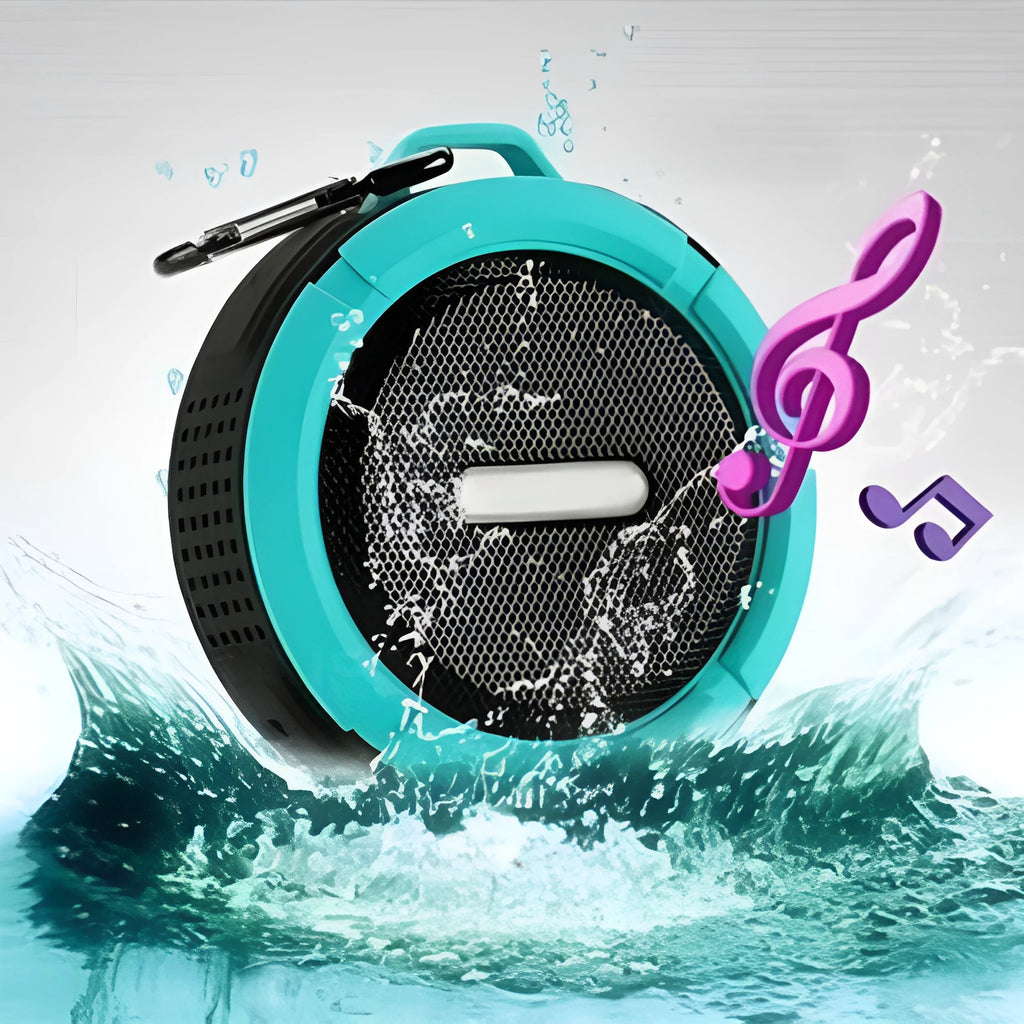 Colourful waterproof portable Bluetooth speaker with a black mounting buckle clip.
