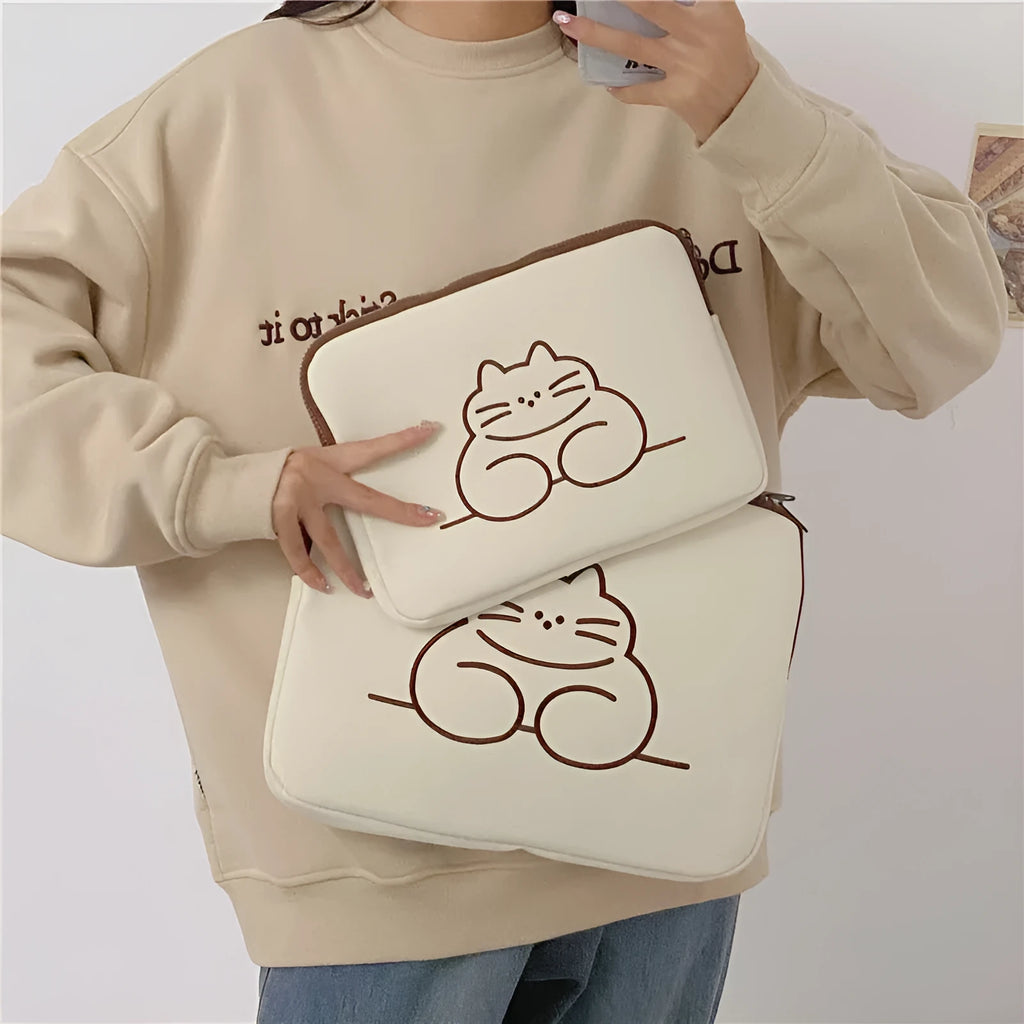 Nylon protective sleeve for tablet with embroidered cat design and zipper, shown in small and large sizes.