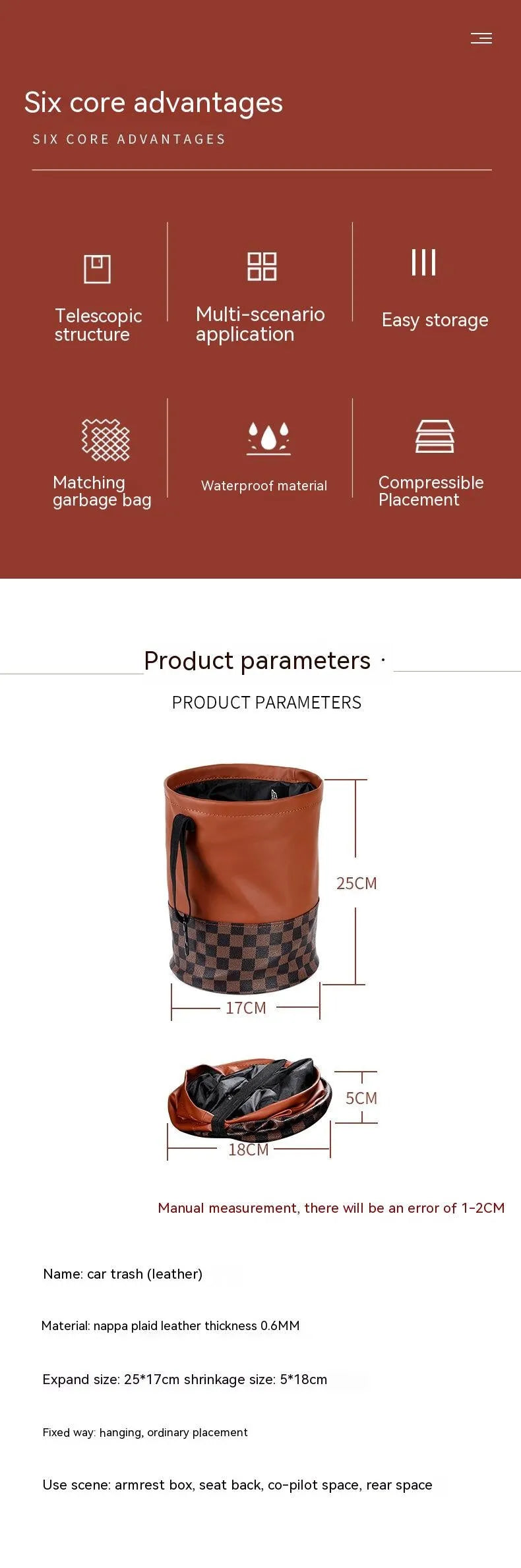Retractable leather interior car trash can shown in colour as per product image
