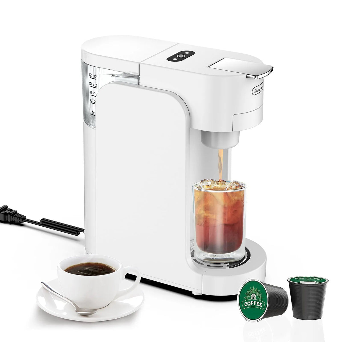Black and white compact capsule coffee machine for K-Cup pods with adjustable water tray