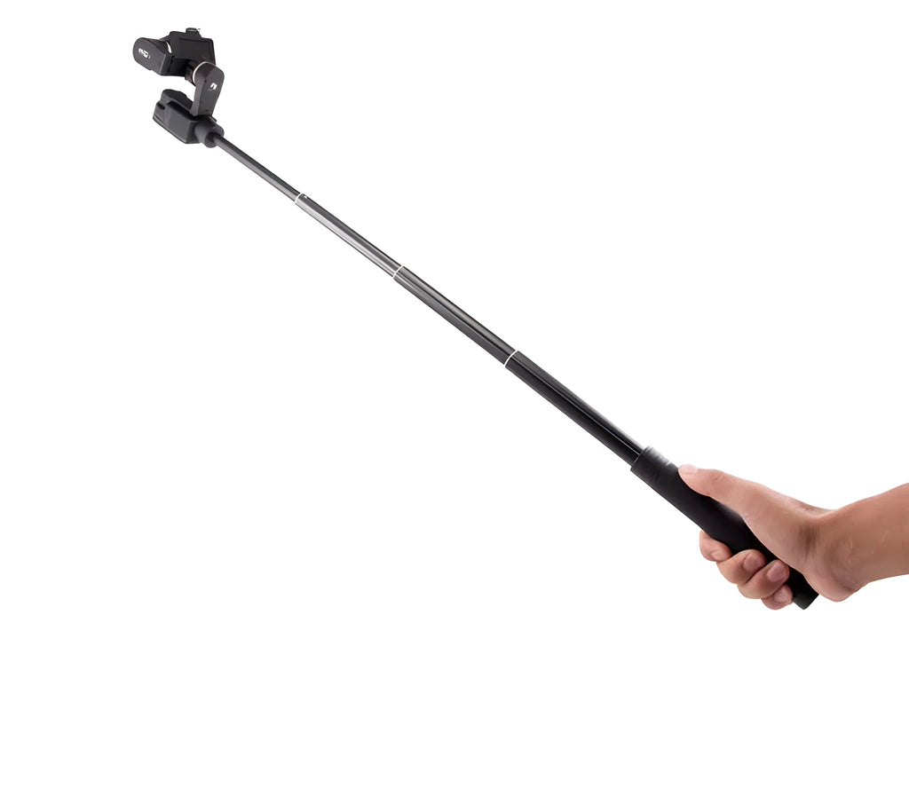 Black retractable selfie stick with integrated stabilizer, shown extended and collapsed