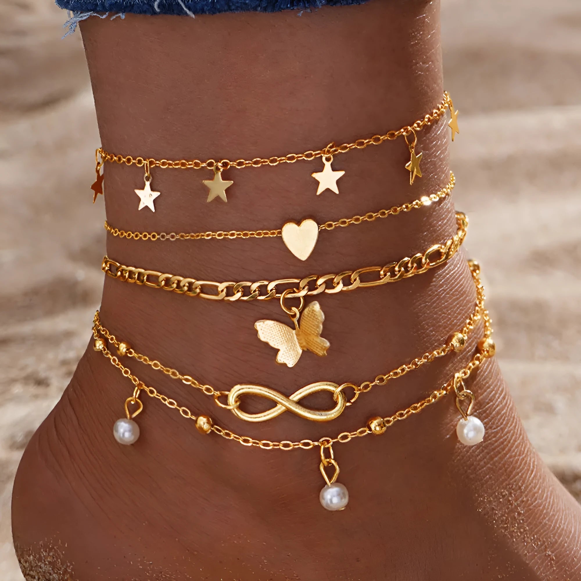 Four-piece butterfly pearl heart anklet set with alloy multi-layered foot chain jewellery