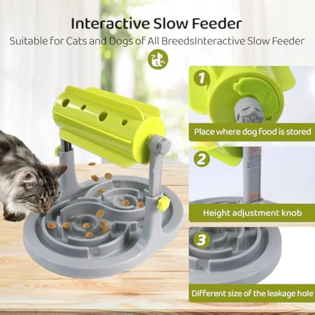 Interactive pet food puzzle toy with adjustable height in blue, green, and pink colours