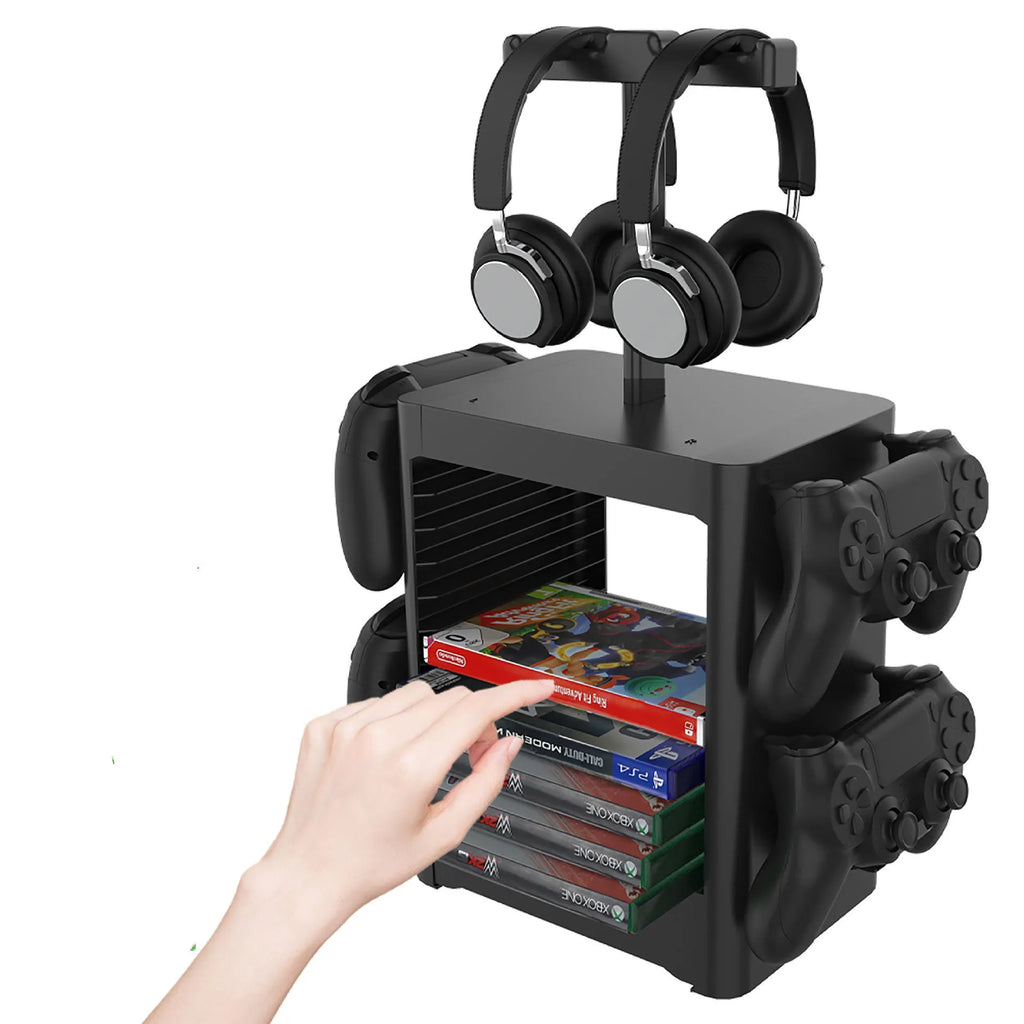Black ABS gaming console CD storage rack with headphone holder and bottom drawer for controllers and accessories.