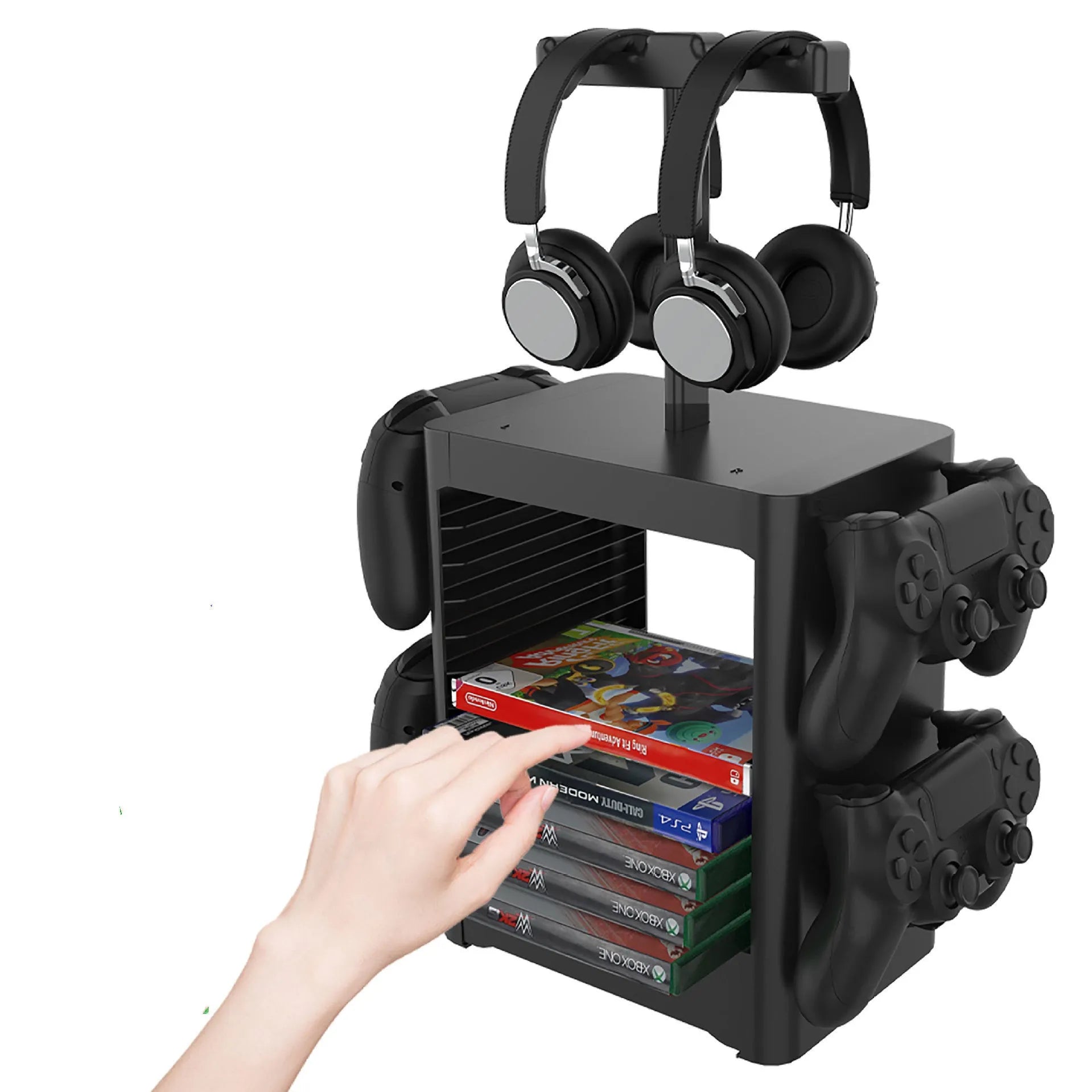 Black ABS gaming console CD storage rack with headphone holder and bottom drawer for controllers and accessories.