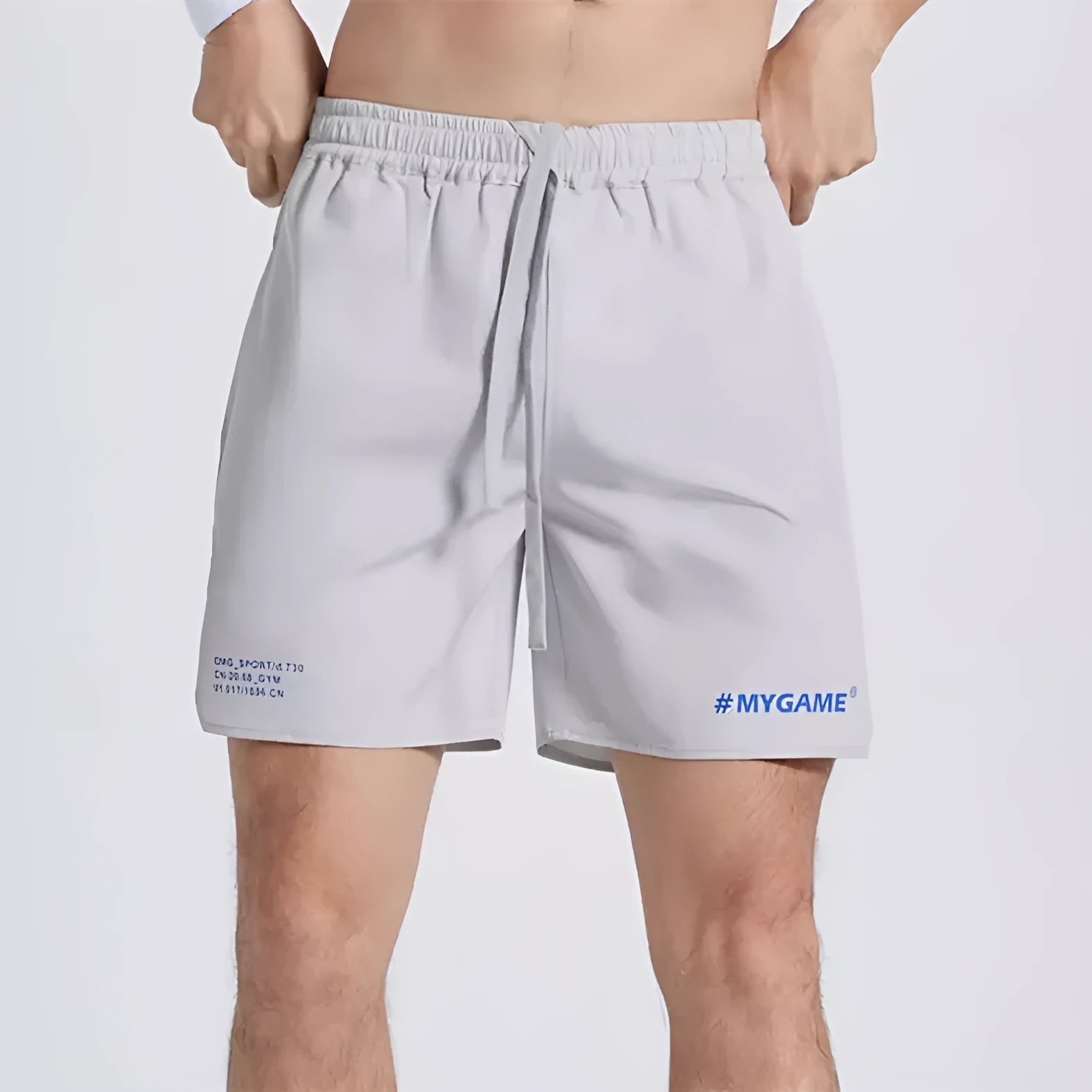 Men's blue training shorts with moisture-wicking fabric, shown from the side.