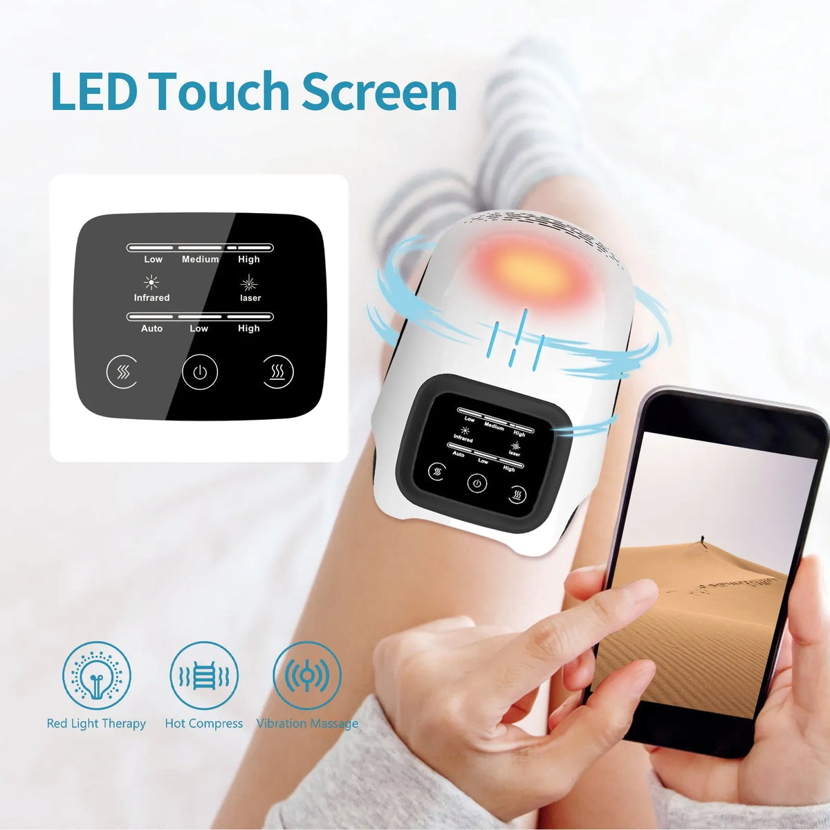Intelligent electric knee massager with heating, kneading, infrared laser and vibration functions in white colour