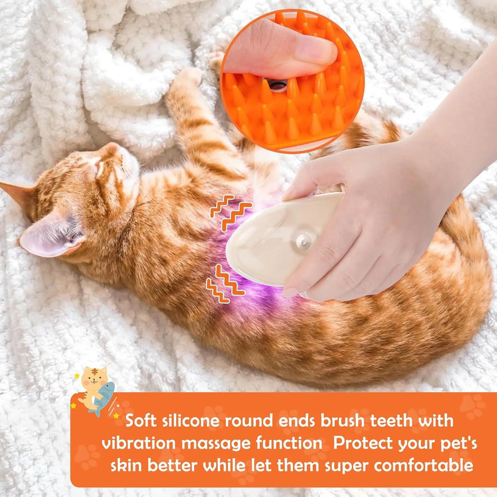 Yellow cat steam brush with silicone bristles, water reservoir, and ringworm detection light
