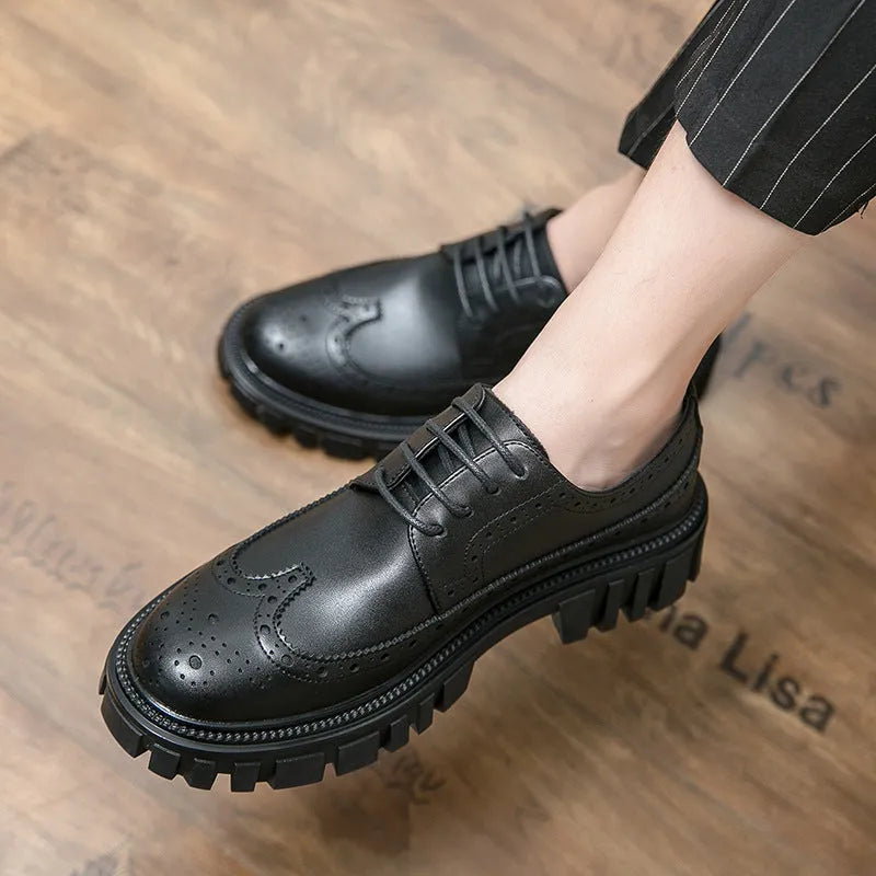Men's black and brown business brogue shoes with round toe and artificial PU upper for office wear