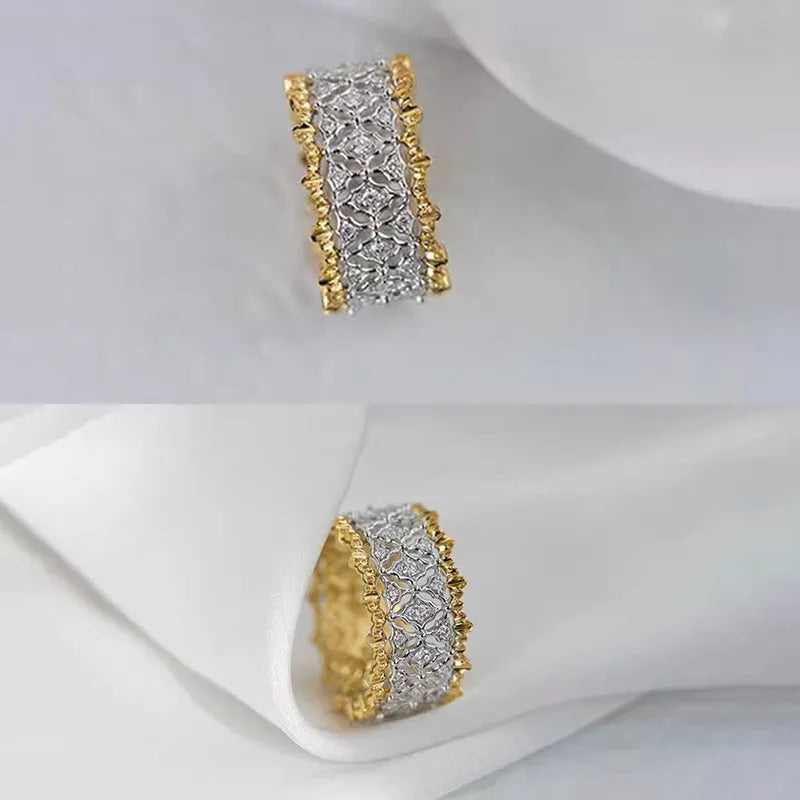 Geometric two-tone gold ring with round zircon detail on copper base