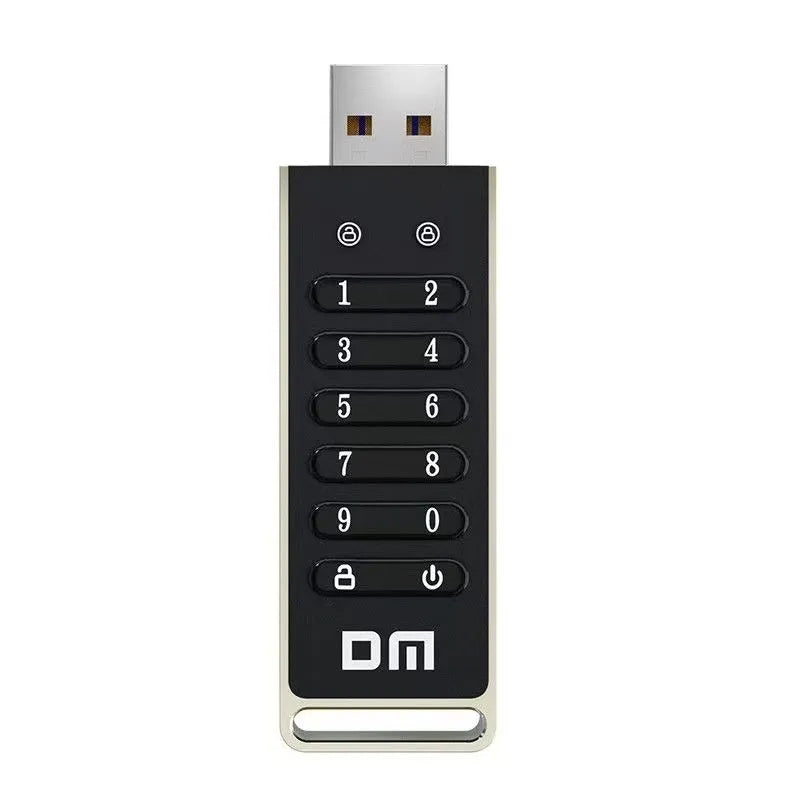 Fingerprint encrypted USB 3.0 flash drive with metal casing showing biometric sensor and 64GB capacity