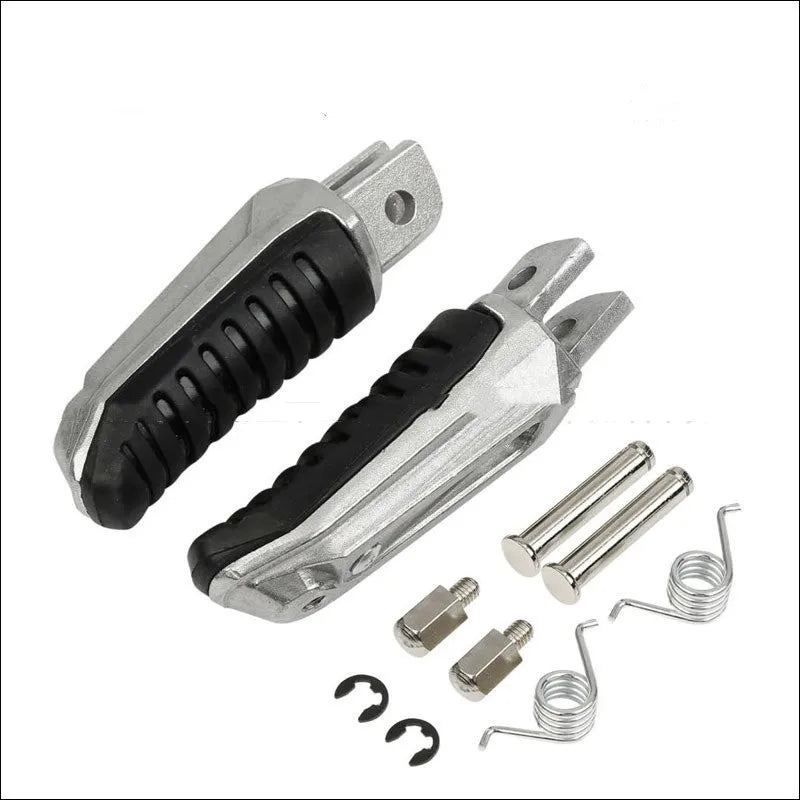 Black aluminium alloy motorcycle footrest pedal set for Suzuki Hayabusa and V-Strom models.