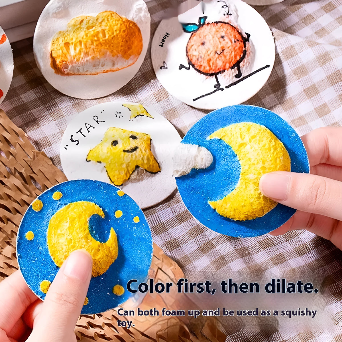 Popular cartoon painting sponge set showing six fountain pens and blank heart, round, and square wood pulp sponges.