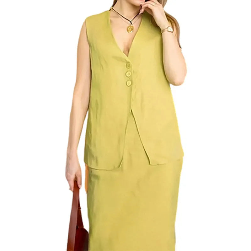 Women's white vest and long skirt two-piece casual suit set on hanger