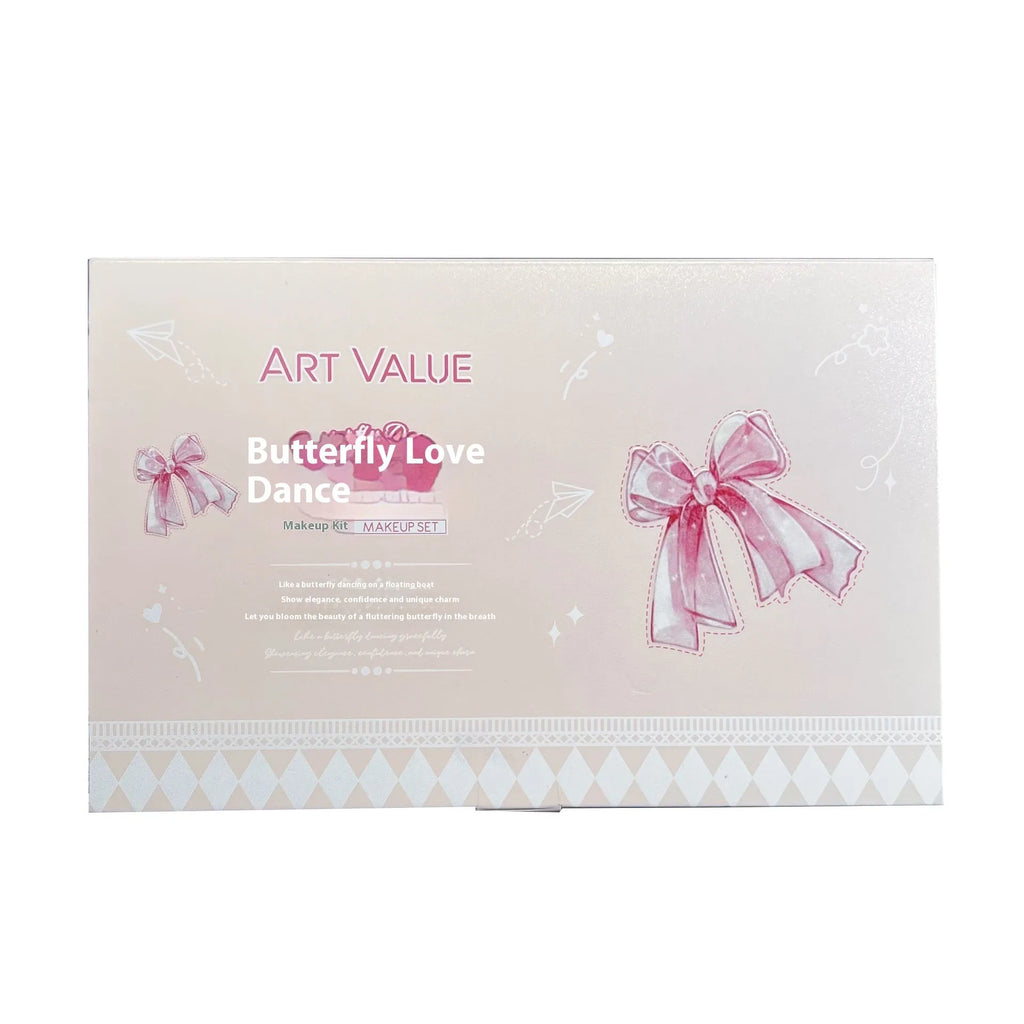 Butterfly coloured makeup box with four pink lip mud containers, blush compact, and necklace