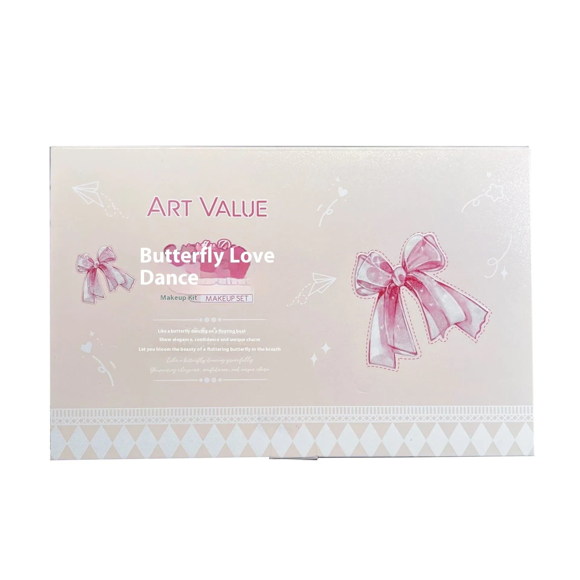 Butterfly coloured makeup box with four pink lip mud containers, blush compact, and necklace