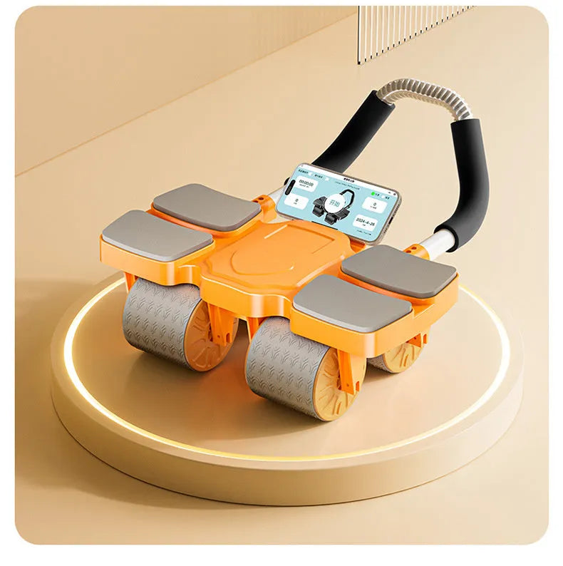 Black and blue automatic rebound abdominal wheel on a floor, showing four wheels and smartphone with fitness app.