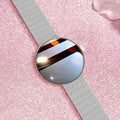 Women's smart watch with circular colour touchscreen display and metal wrist strap