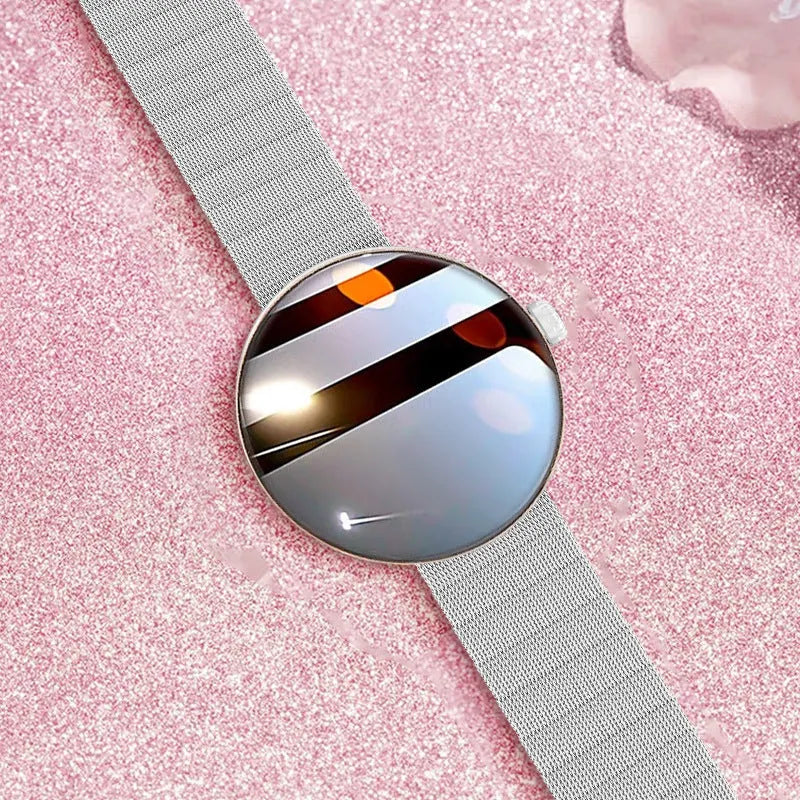 Women's smart watch with circular colour touchscreen display and metal wrist strap