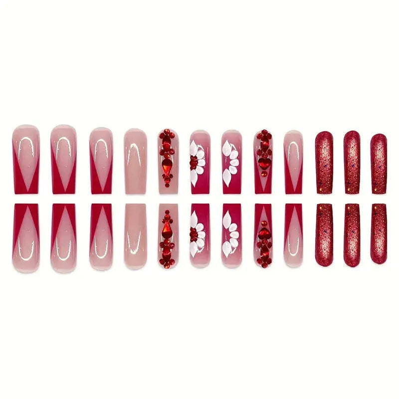 Sweet flower pattern fake nails with red diamond decorations in long European Square shape