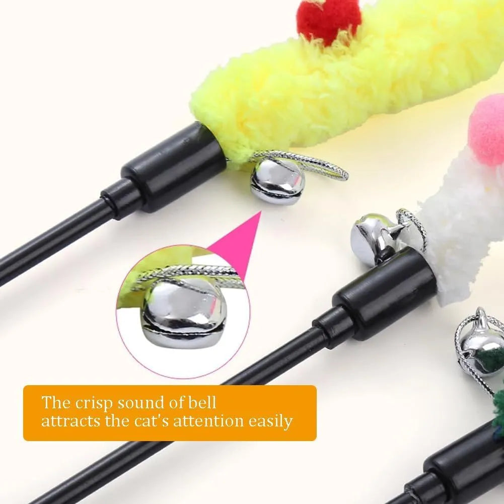 Interactive cat wand toy with blue plush strip, fluffy ball, and bells on a 41cm pole
