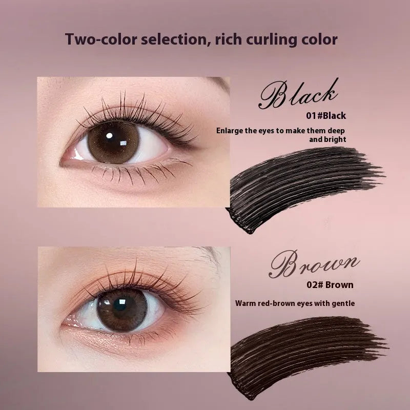 Long-lasting curling mascara tube in black and brown colour options with applicator wand