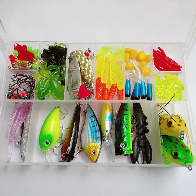 142-piece fishing lure kit showing hard minnow lures with sequins, metal fishing pliers, and various bait designs