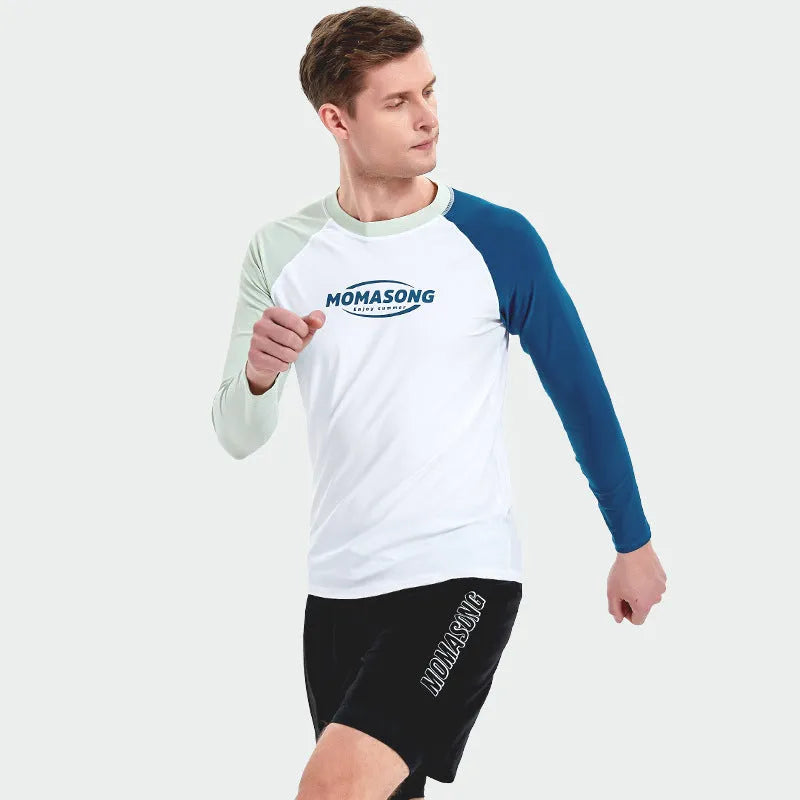 Men's white long-sleeved swim top and matching blue swim trunks set for beach sports
