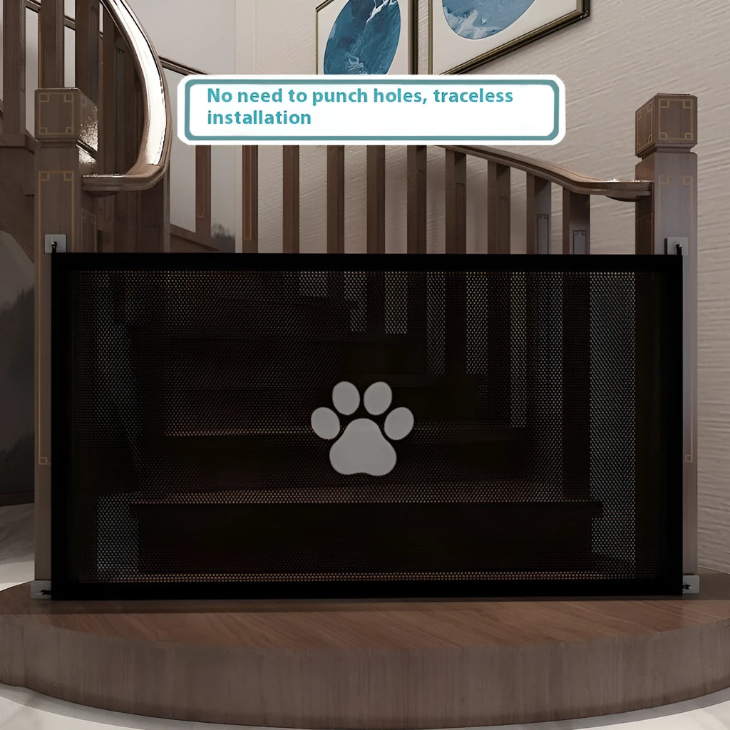 Folding dog barrier safety net with dog footprint design in doorway