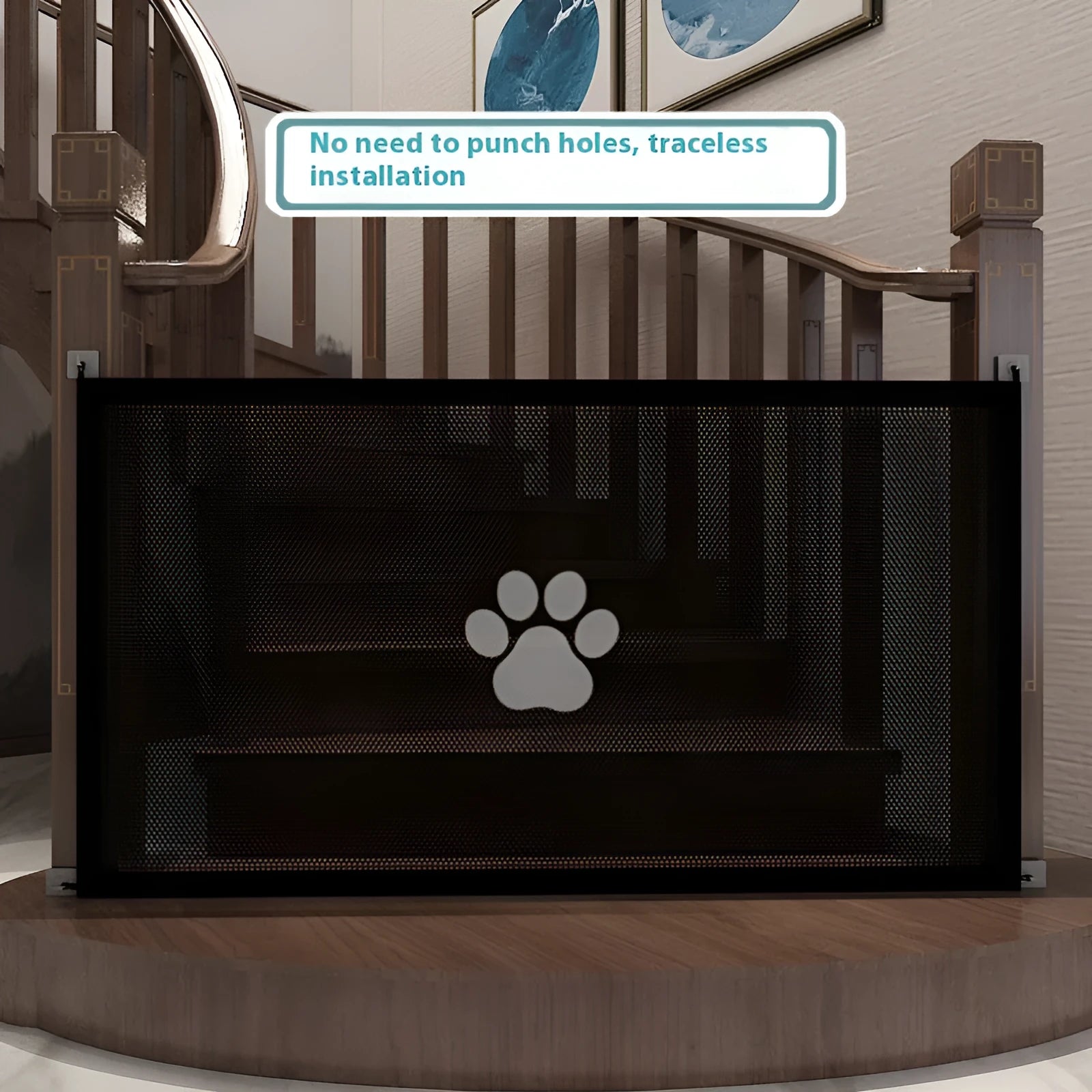 Folding dog barrier safety net with dog footprint design in doorway