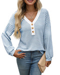 Women's loose V-neck pullover top with button front and patchwork style in various colours.