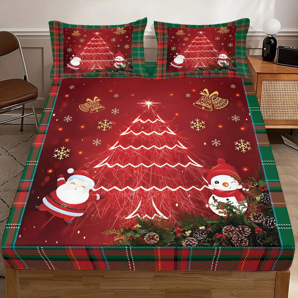 Christmas tree 3D printed fitted sheet set with two pillowcases, chemical fibre, sizes 180x200 and 200x220