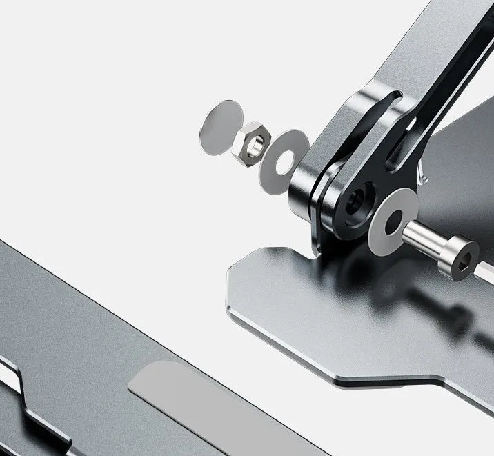 Grey aluminum laptop stand in folded position showing adjustable mechanism and silicone protection points