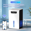 Milk white compact household dehumidifier with water tank on a bedroom floor.