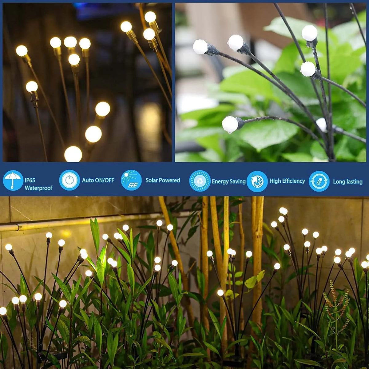 Solar-powered LED garden light with multiple heads on a metal spike in grass.