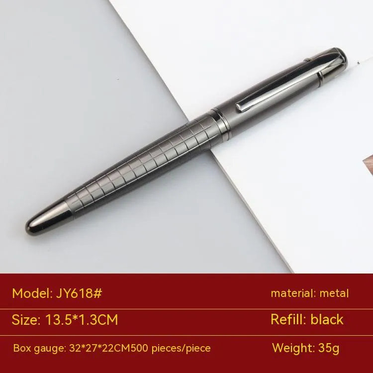Gun grey metal rollerball pen with 13.5cm barrel shown alongside black and blue refills