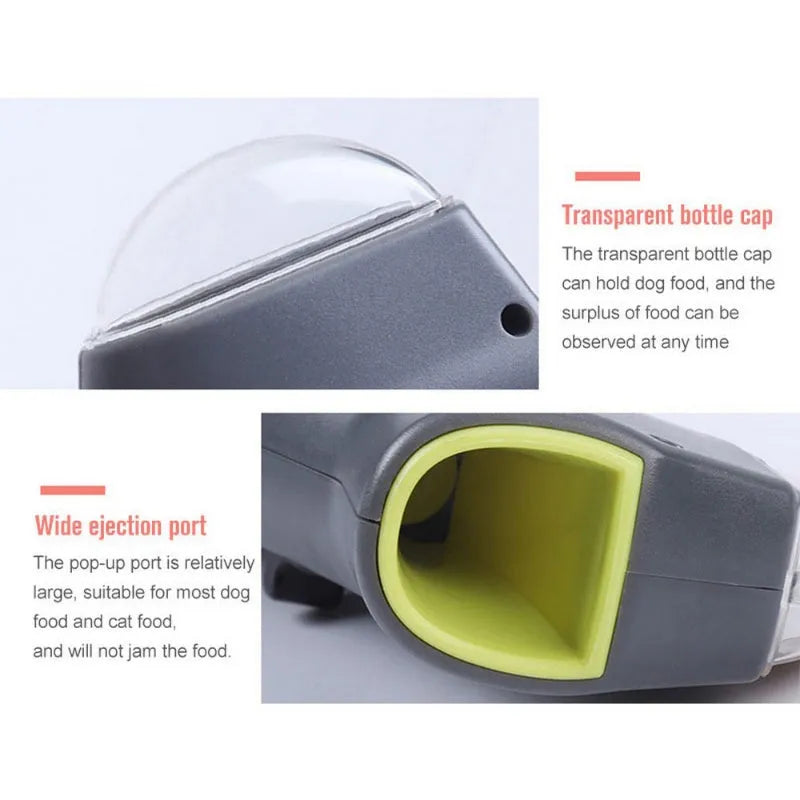 Grey plastic pet treat launcher catapult with ergonomic handle for dog and cat training