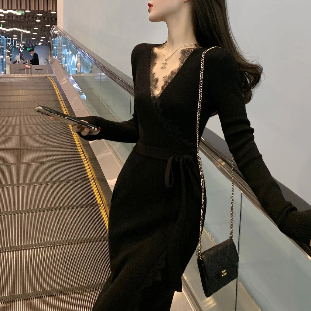 Black women's slim fit woolen skirt with princess dress style cut