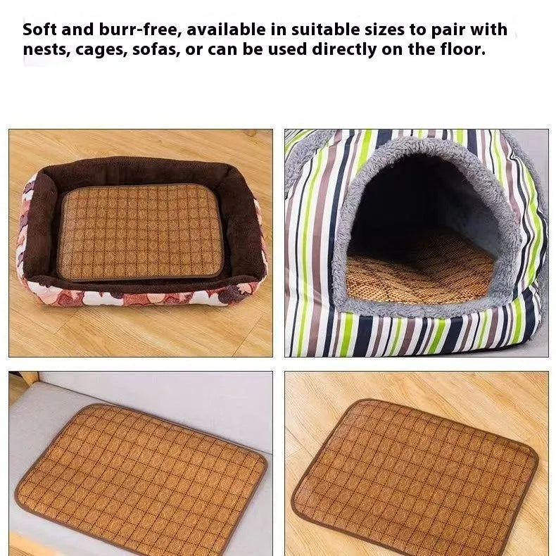 Brown rattan woven dog cooling mat showing open fibre construction for summer use