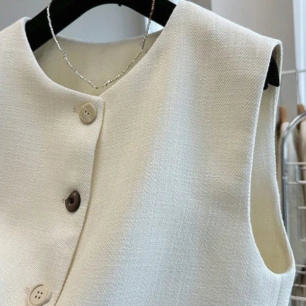Women's sleeveless polyester bandage vest in milky white with round neck