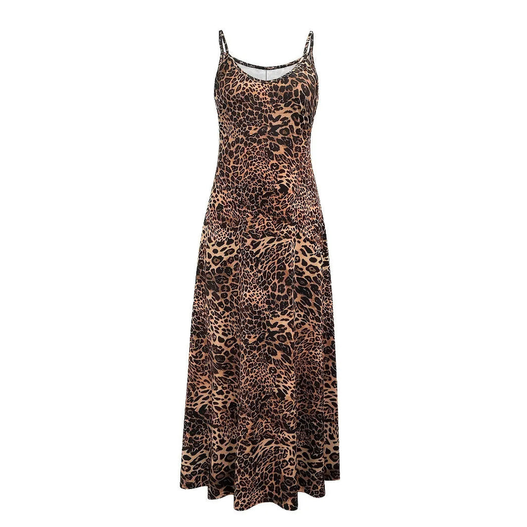Dark brown leopard print sleeveless casual dress with round neck and sling shoulder straps
