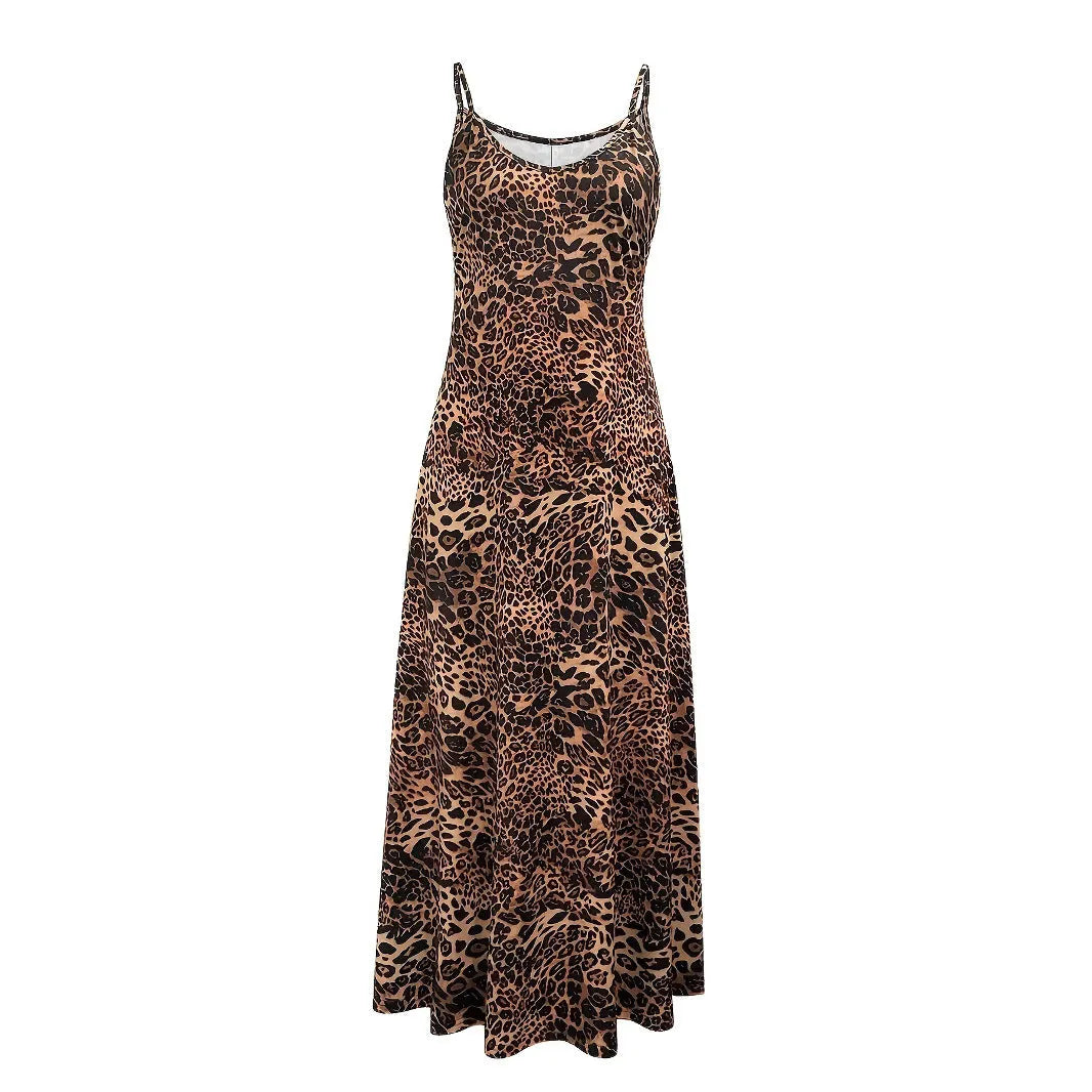 Dark brown leopard print sleeveless casual dress with round neck and sling shoulder straps