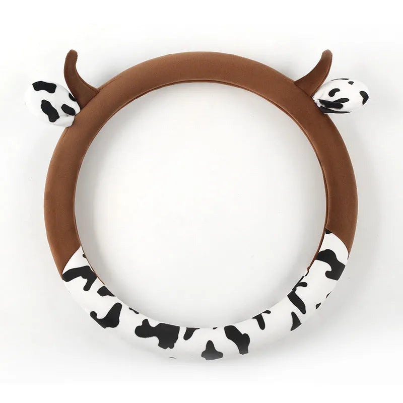 Plush car steering wheel cover with protective handle in black colour showing 38cm diameter