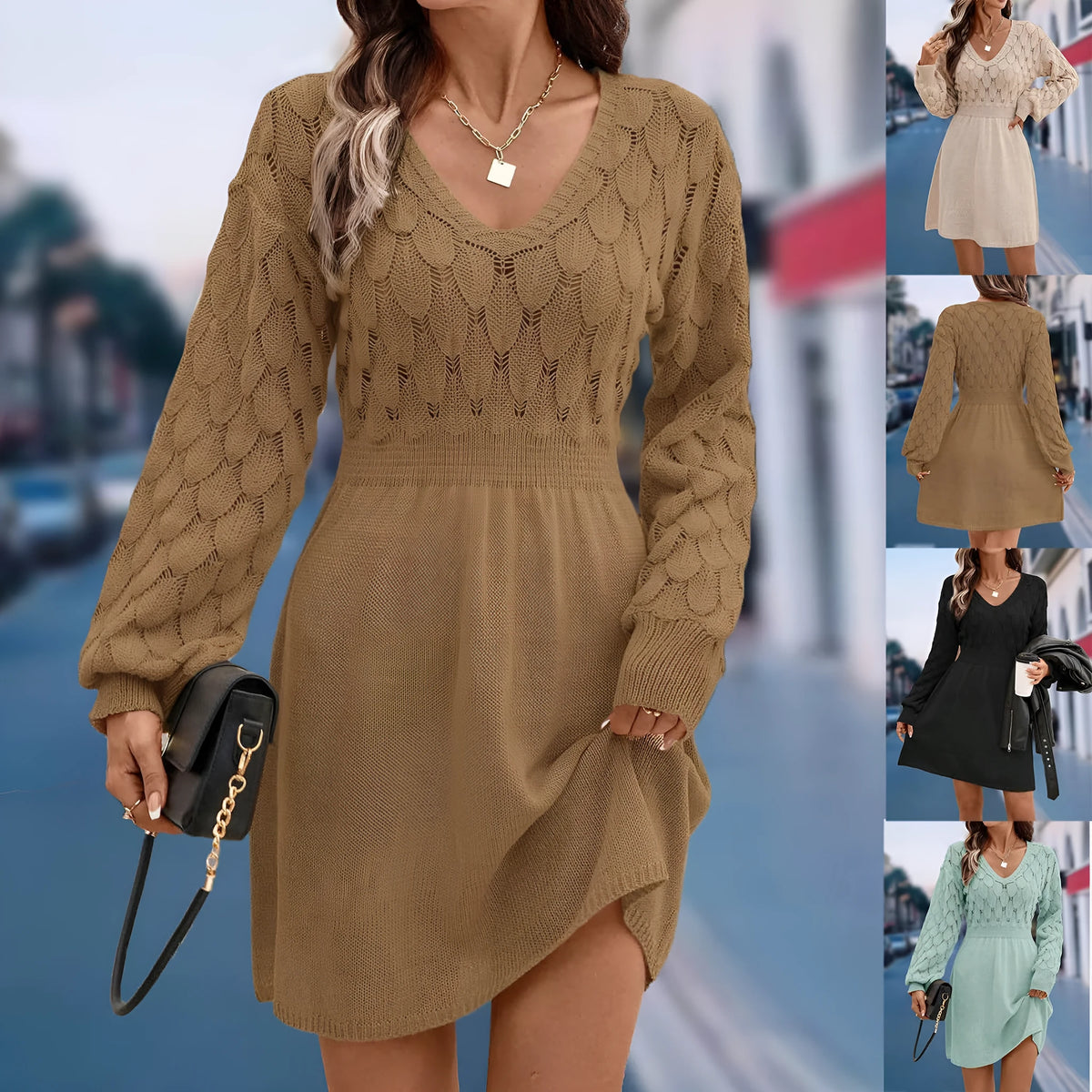 Long sleeve V-neck acrylic beach dress in apricot with a high waist and 3D ethnic pattern.