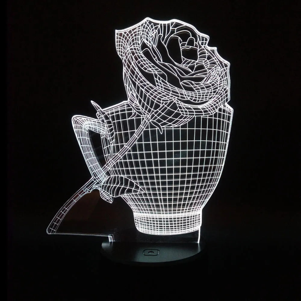 3D rose flower night light showing colour changing illumination with acrylic panel and ABS base