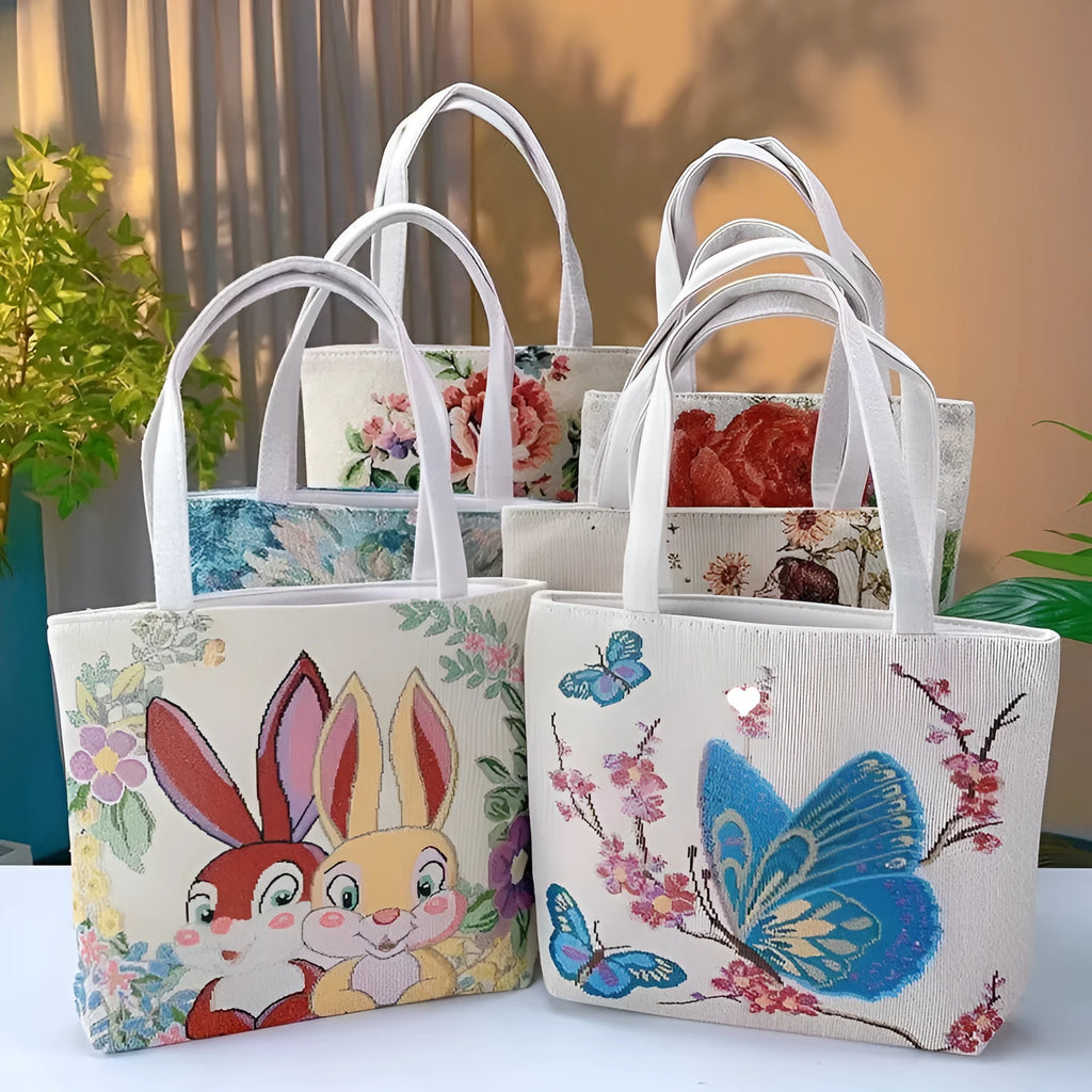 Double-sided gold wire embroidered canvas tote bag in botanical design with polyester construction