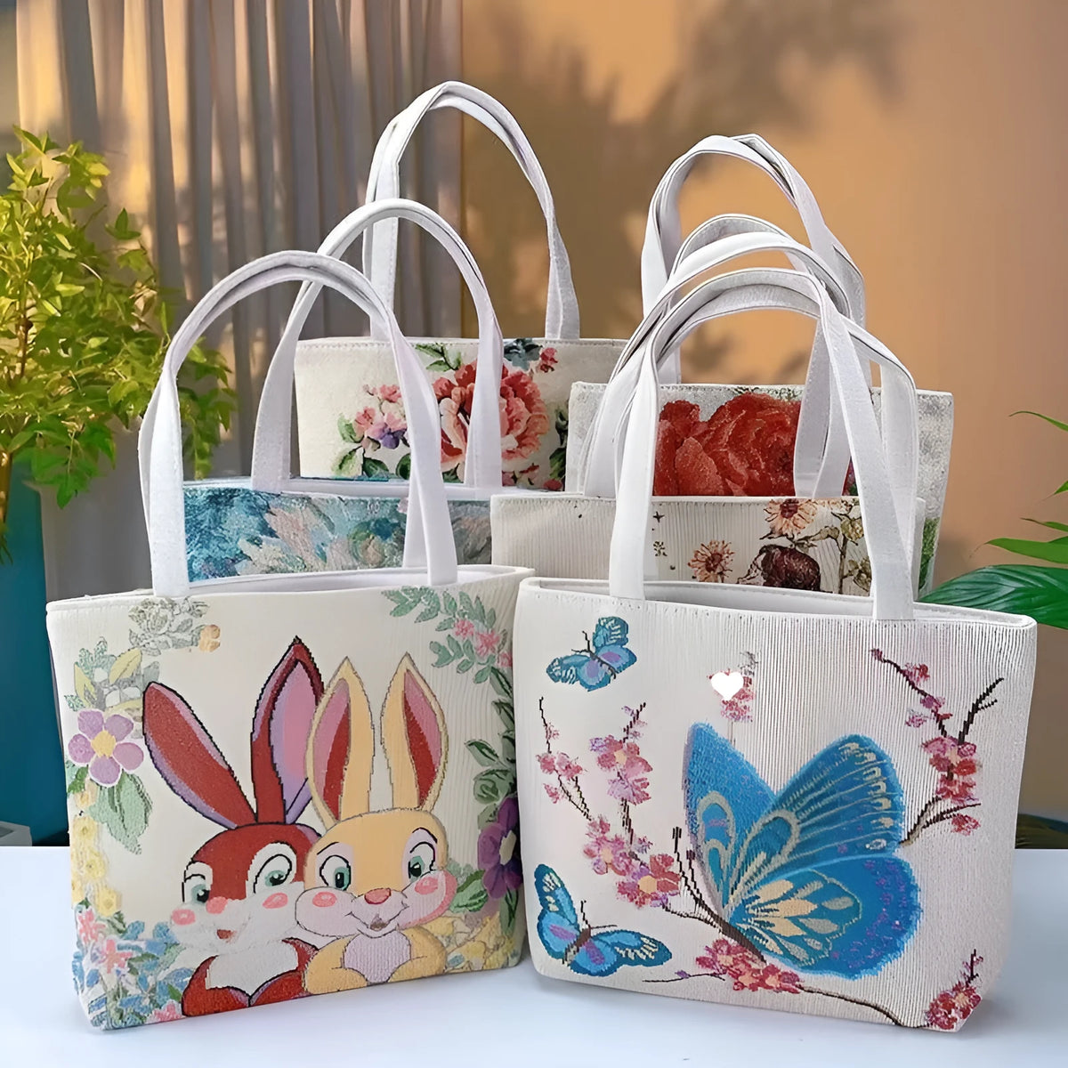Double-sided gold wire embroidered canvas tote bag in botanical design with polyester construction
