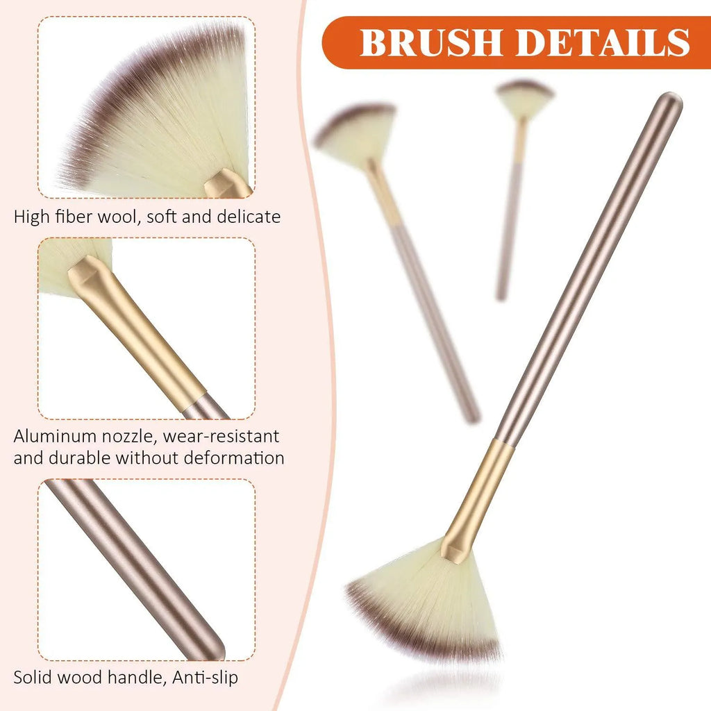 Ten champagne-coloured facial fan brushes with soft bristles and protective covers laid out.